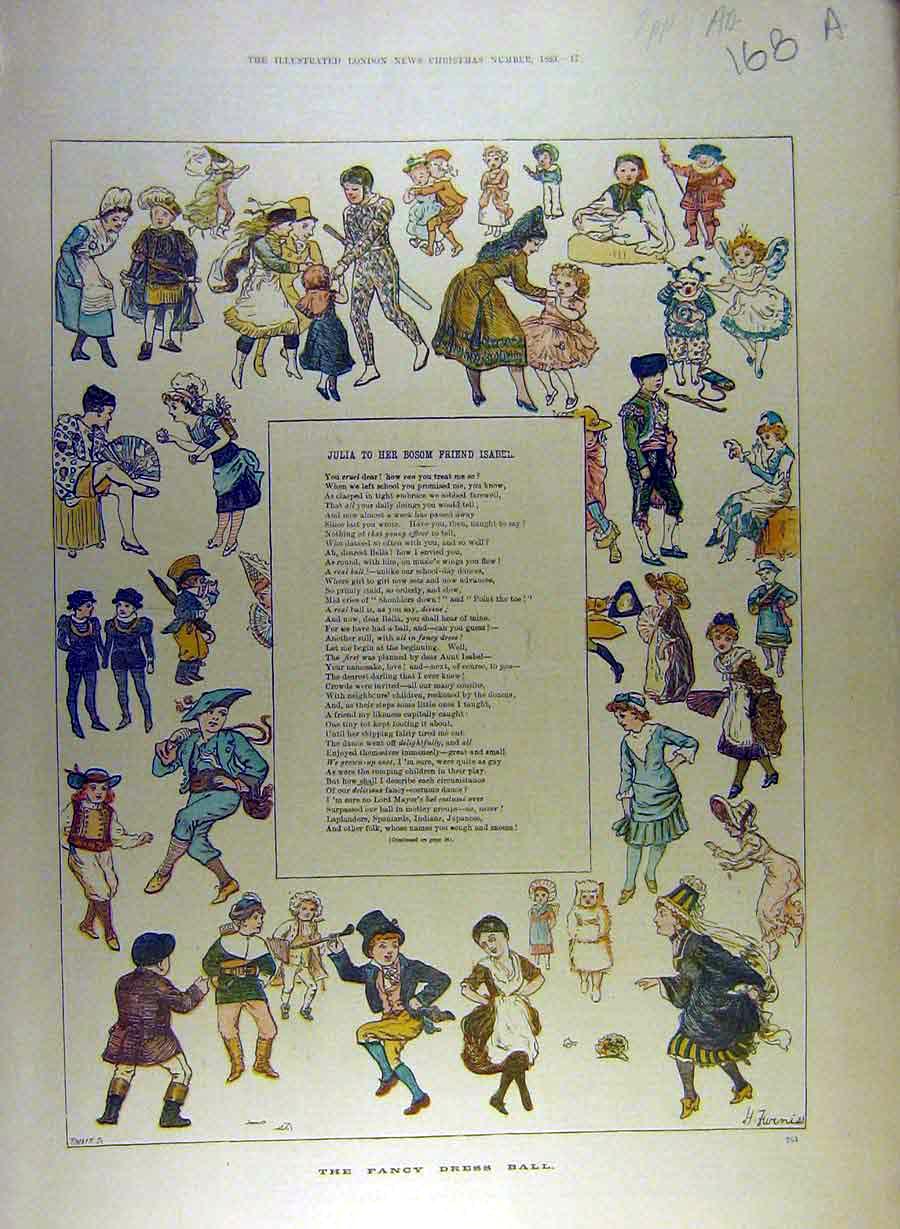 Original Old Antique Print 1880 Fancy Dress Ball Sketches Story Children 19th