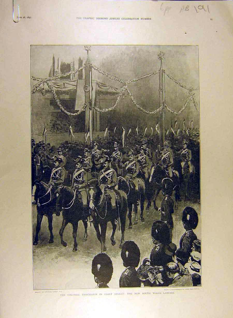 Old Antique Print 1897 Jubilee Colonial Procession Lancers Charing-Cross 19th