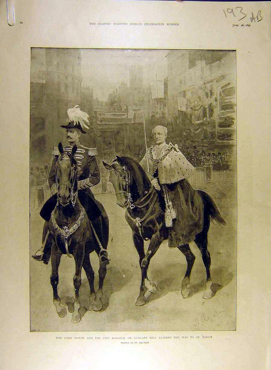 Original Old Antique Print 1897 Mayor City-Marshall Ludgate Procession Prince