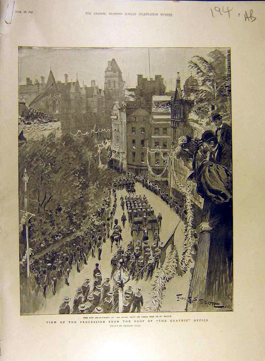 Old Antique Print 1897 Procession Graphic Office Royal Navy Mayor Queen 19th