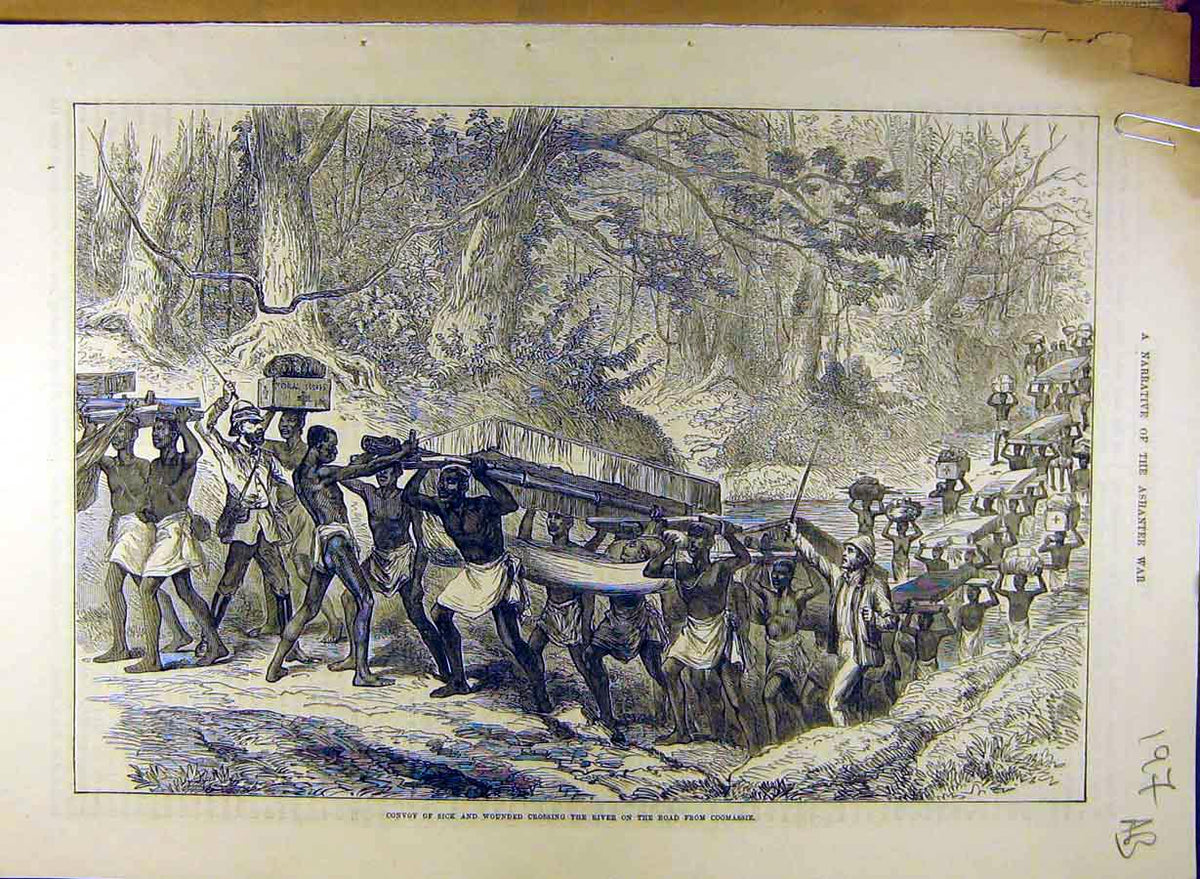 Original Old Antique Print Ashantee War Coomassie Convoy Sick Sketch Troops