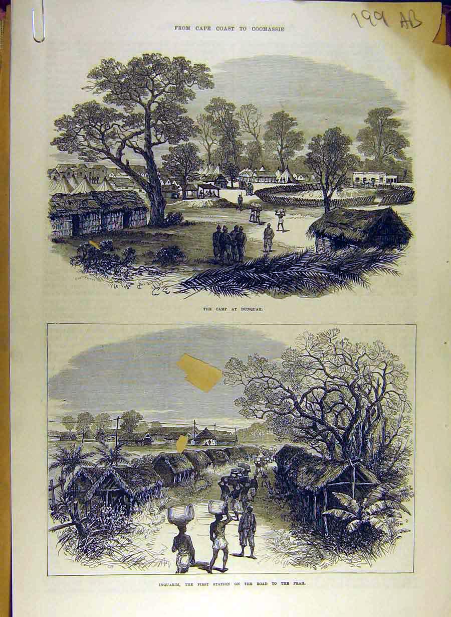 Old Antique Print Dunquah Cape-Coast Coomassie Inquabim Prah-Su Cutlass