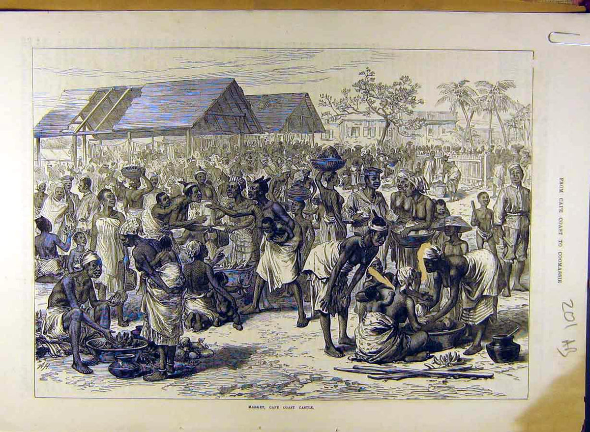 Original Old Antique Print Coomassie Cape-Coast Market Women Troops Provisions