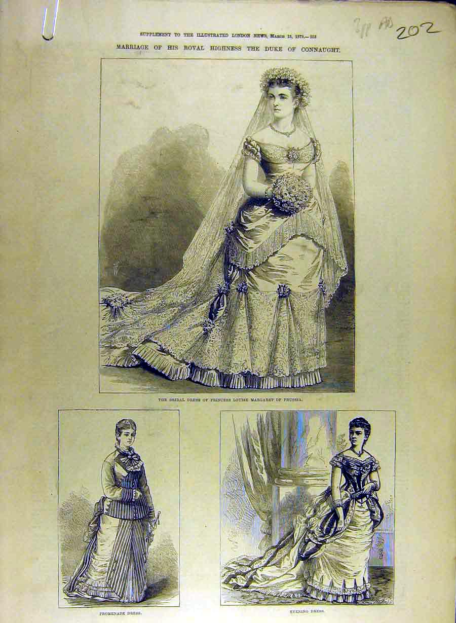 Old Antique Print 1879 Marriage Duke Connaught Bride Gown Pearl Bracelet 19th