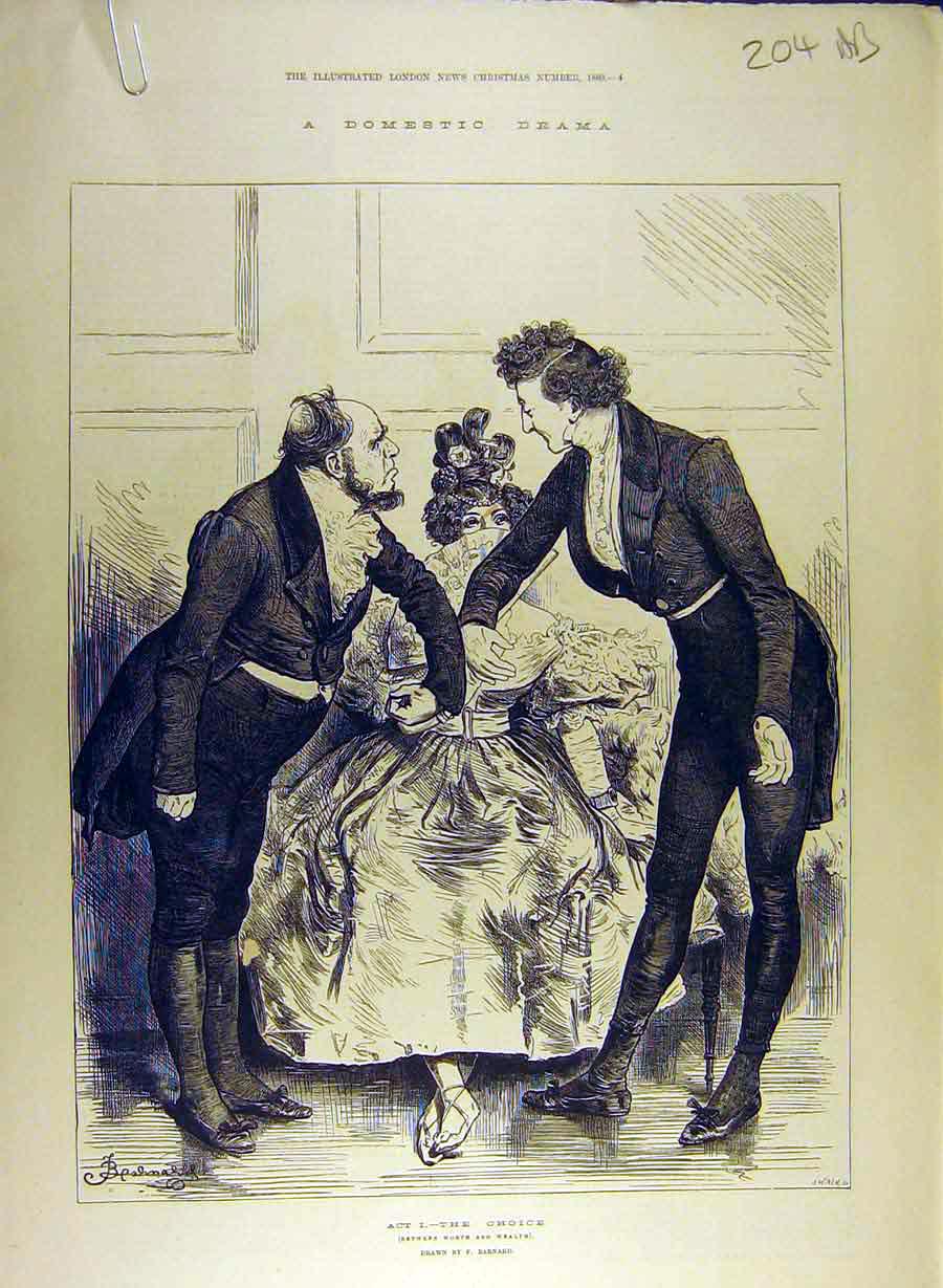 Original Old Antique Print 1880 Domestic Drama Scenes Barnard Sketch Theatre