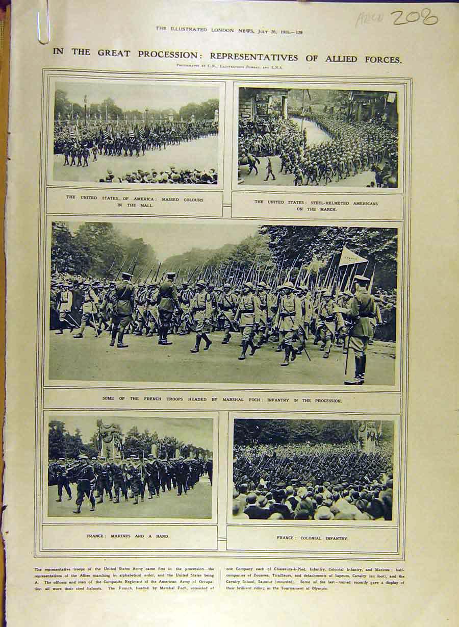 Original Old Vintage Print 1919 Allied Forces Victory-Day War Procession 20th