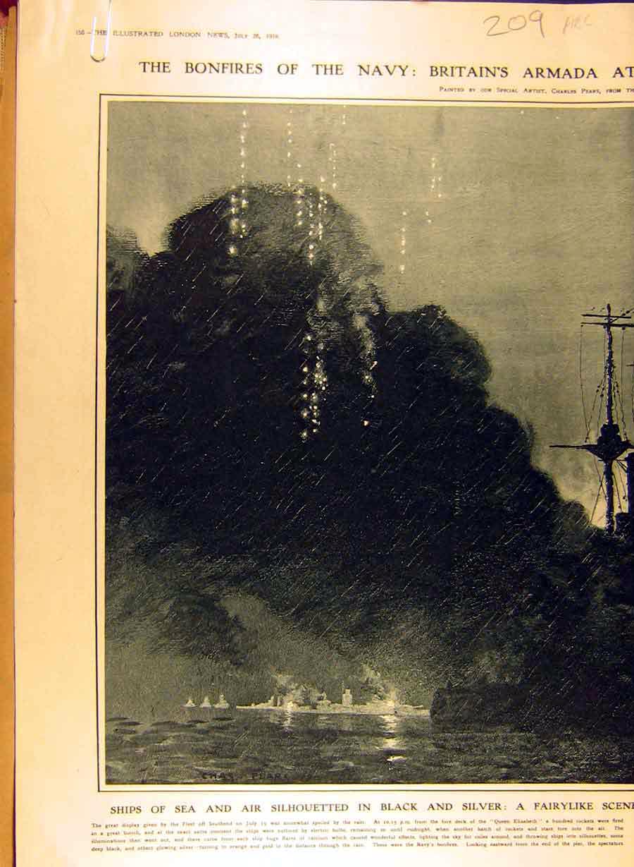 Old Vintage Print 1919 Calcium-Flares Ships Navy Bonfire Armada Fireworks 20th