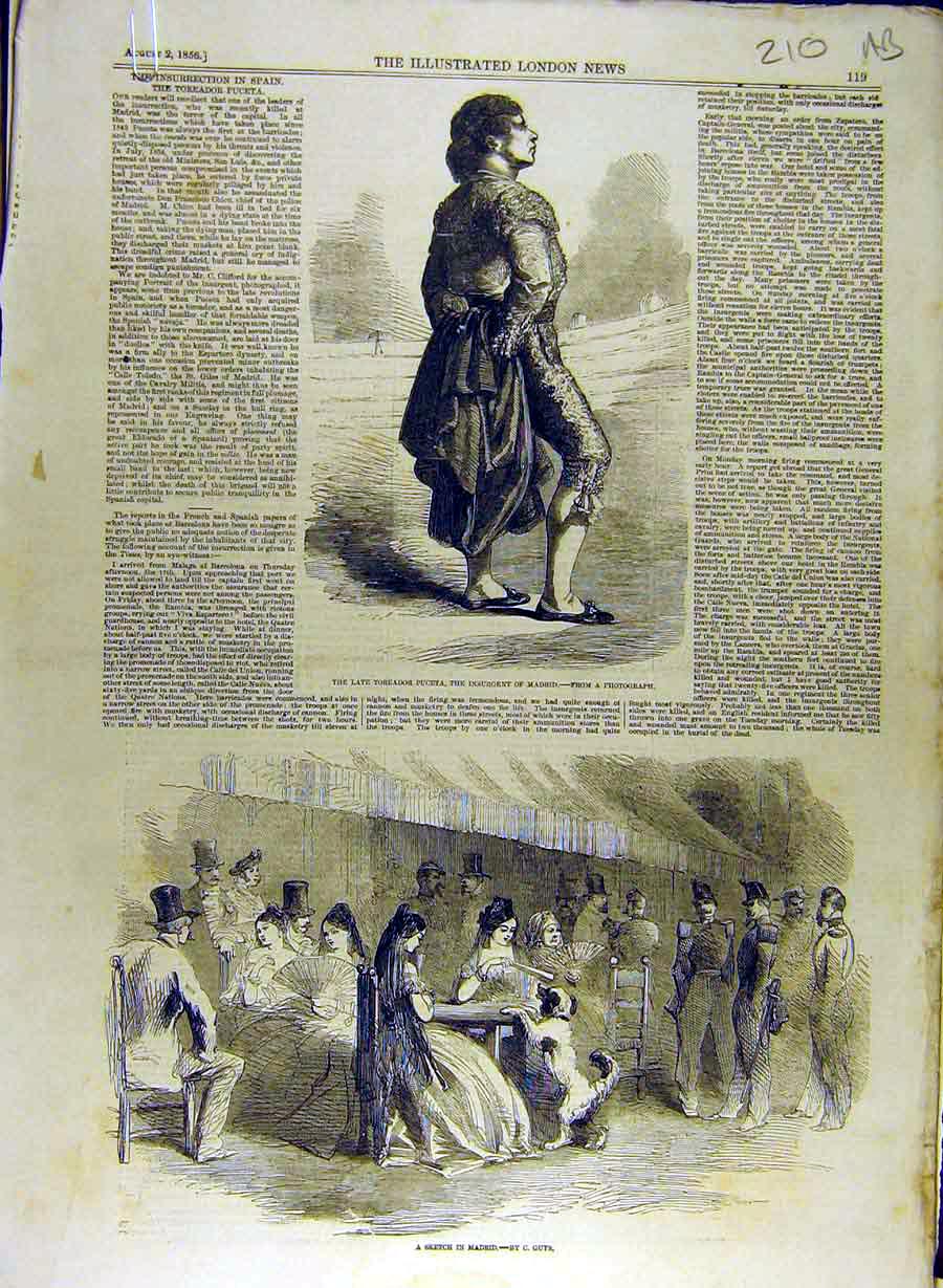 Original Old Antique Print 1856 Toreador Puceta Madrid Sketch Spain Spanish