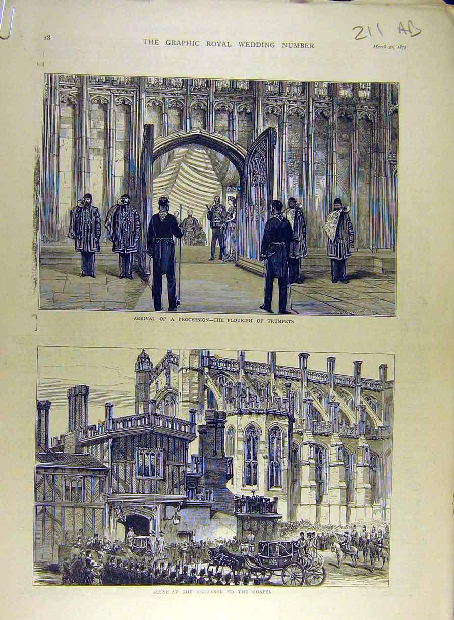 Old Antique Print 1879 Royal Wedding Connaught Chapel Procession Arthur 19th