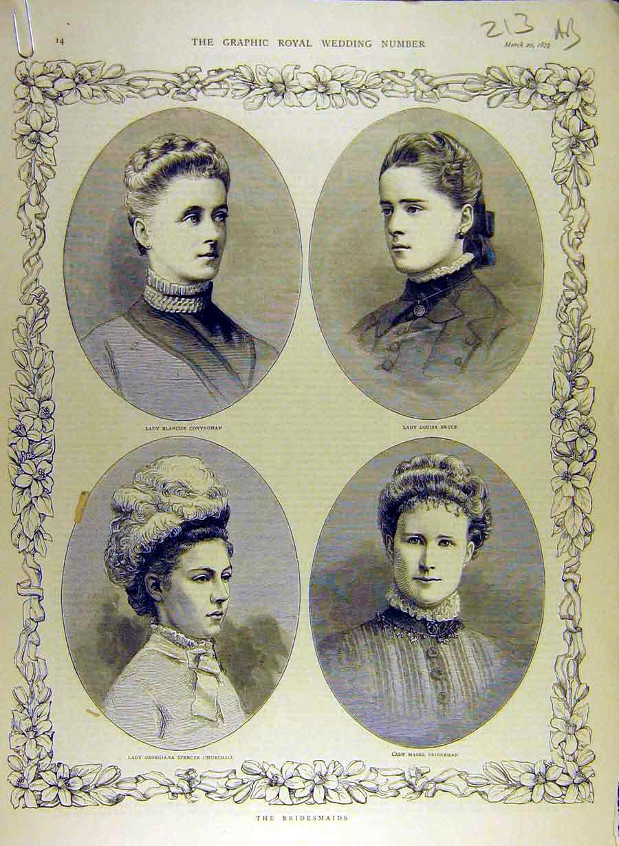 Original Old Antique Print 1879 Royal Wedding Connaught Bridesmaids Portrait