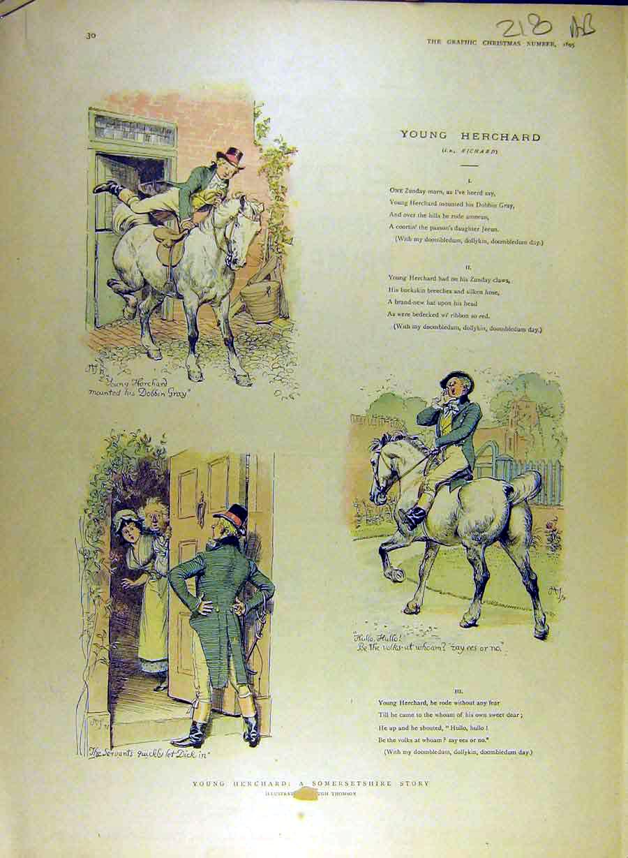 Original Old Antique Print 1895 Young-Herchand Story Somersetshire Thomson 19th