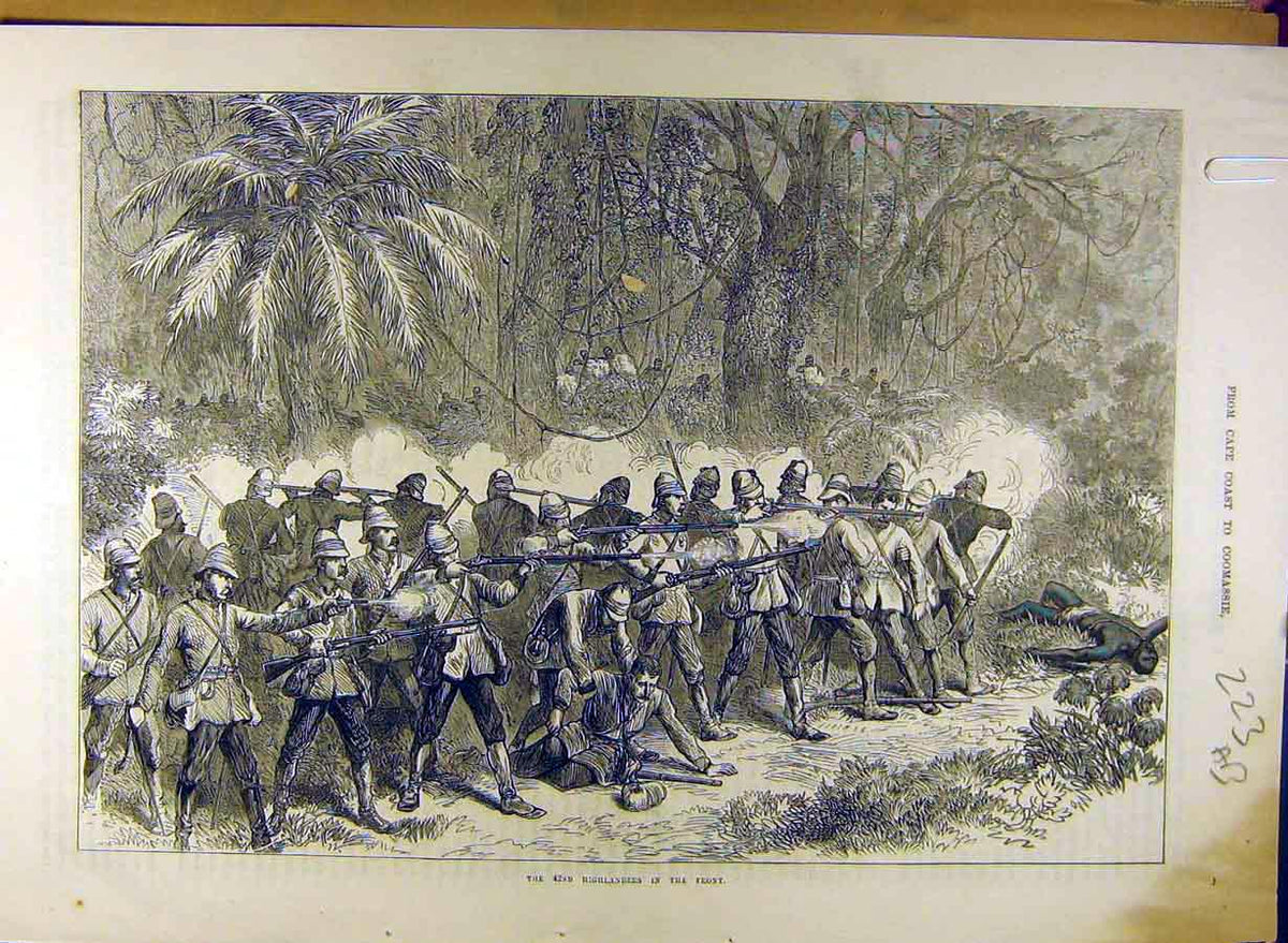 Original Old Antique Print Cape-Coast Coomassie Highlanders Gifford Military