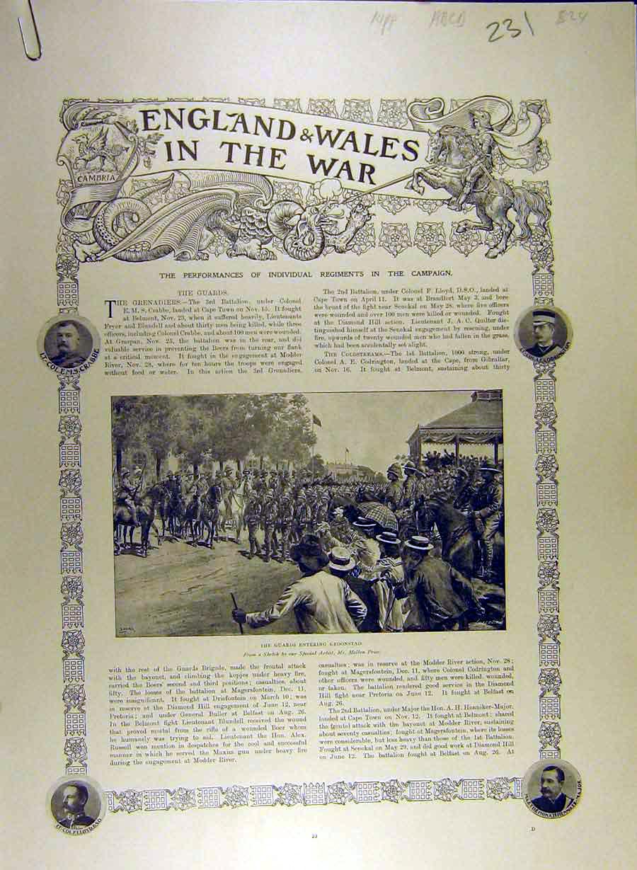 Original Old Antique Print 1900 Africa War England Wales Transvaal Military