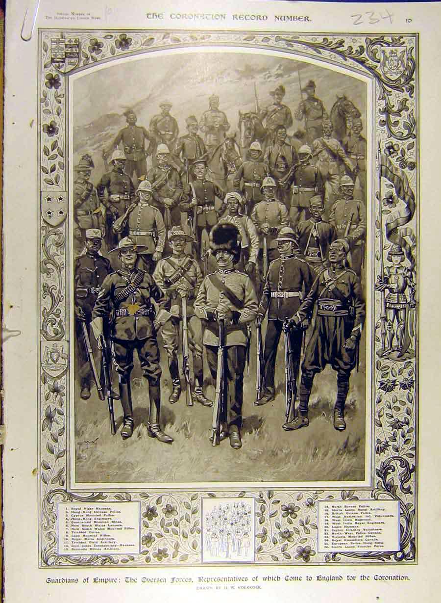 Original Old Antique Print 1911 Guards Empire Bearers King Coronation Ceremony