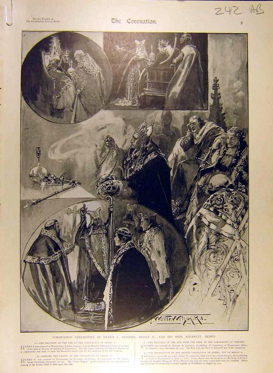 Original Old Antique Print Coronation Henry-Ii Ceremony Banquet Edward Martyr