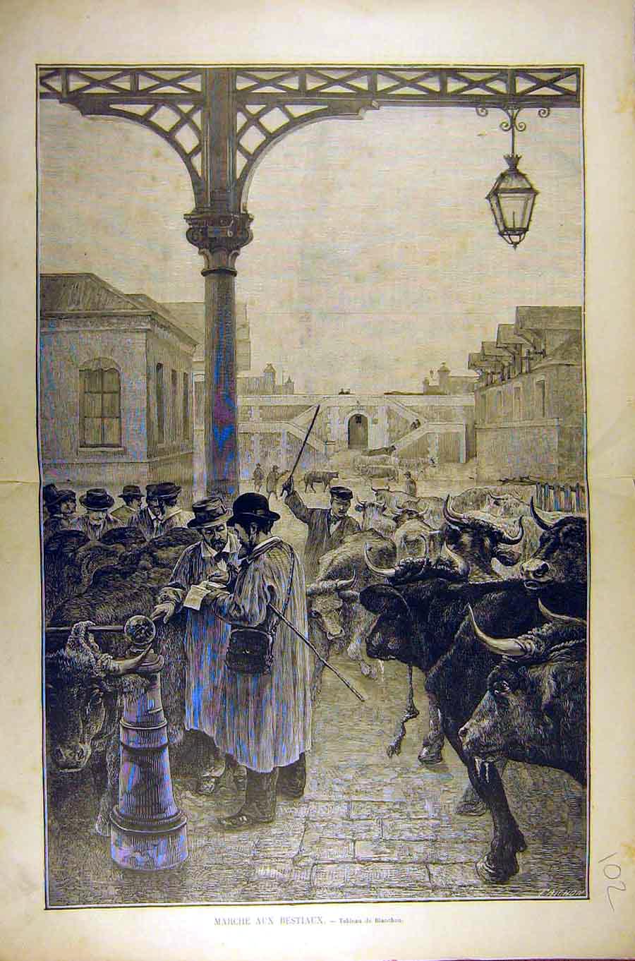 Original Old Antique Print 1884 Painting Marche Aux Bestiaux Blanchon French