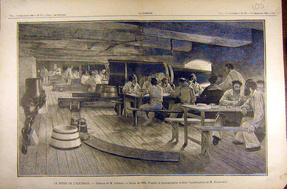 Original Old Antique Print 1884 Painting Diner L'Equipage Leblant Salon Ship