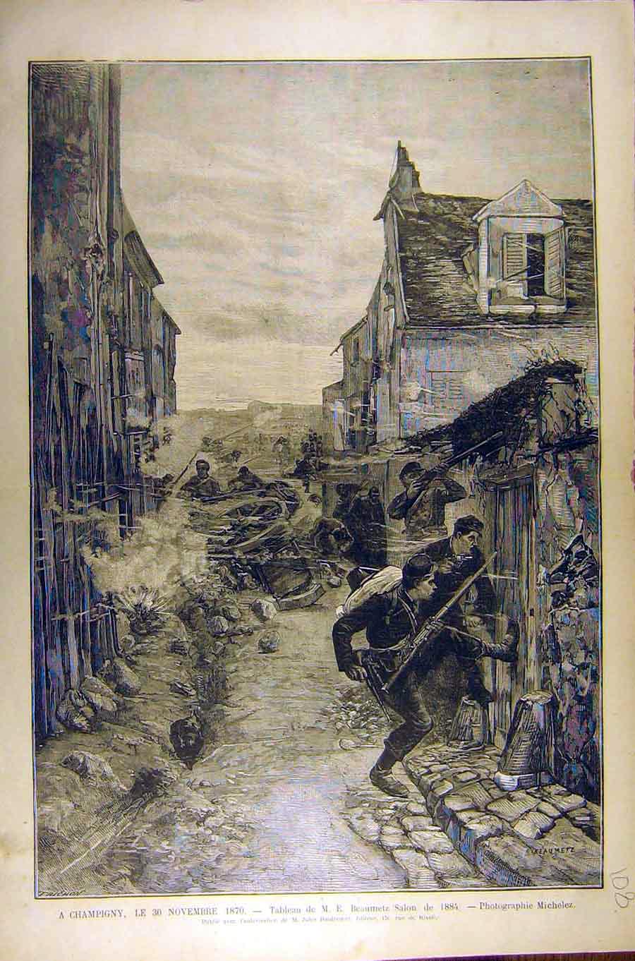 Original Old Antique Print 1884 Painting Champigny Novembre 1870 Beaumetz 19th
