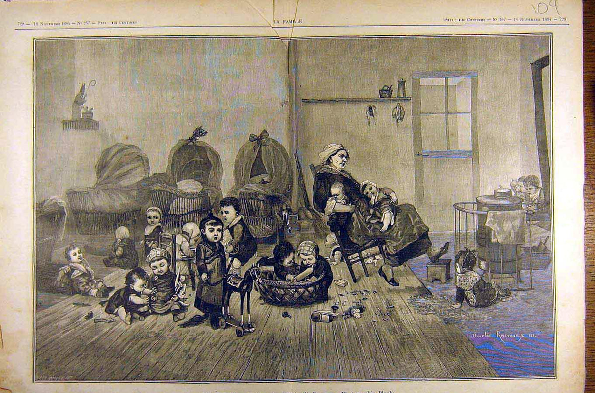 Original Old Antique Print 1884 Painting Une Creche Reumaux French Fine Art