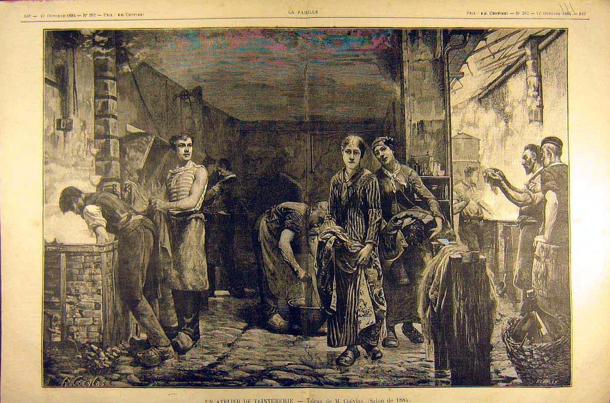 Original Old Antique Print 1884 Painting Atelier Teinturerie Coeylas French