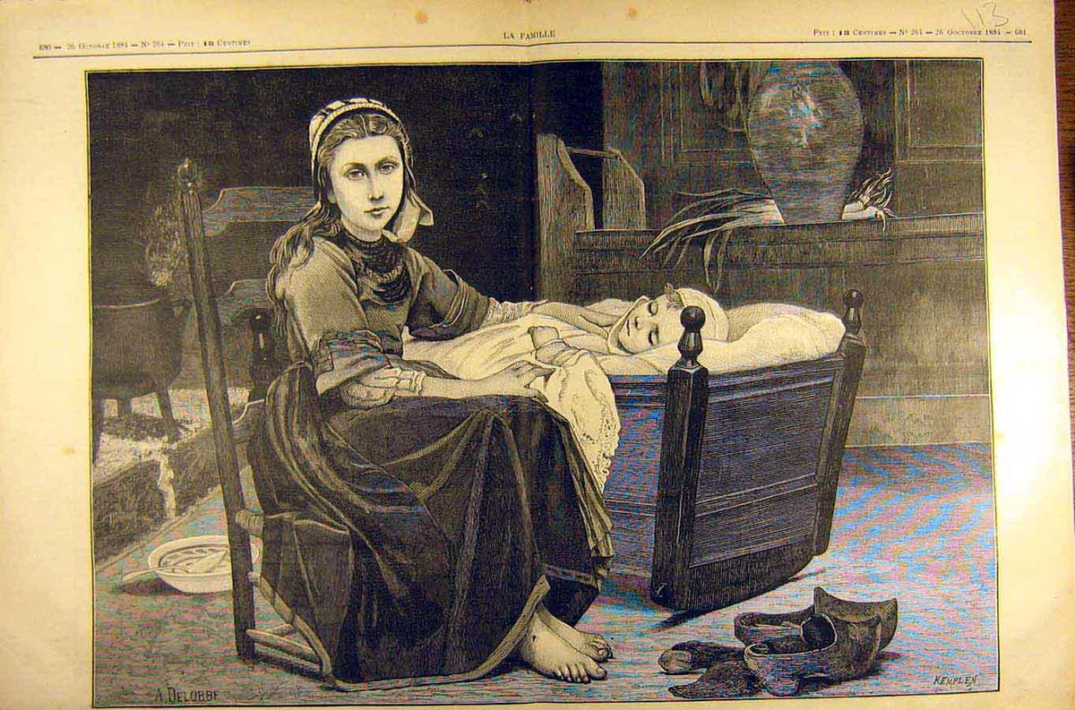 Original Old Antique Print 1884 Painting Grande Soeur Delobbe Fine Art 19th
