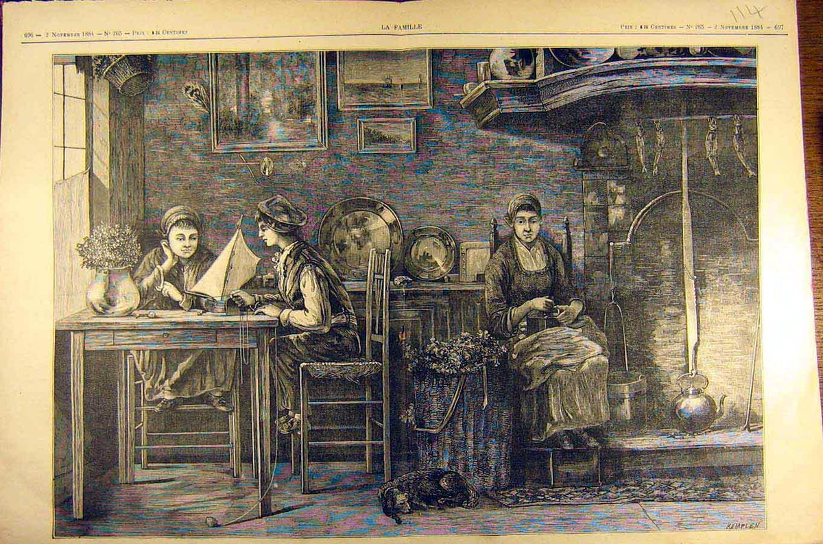 Original Old Antique Print 1884 Painting Petits Construct Navires Burgers 19th
