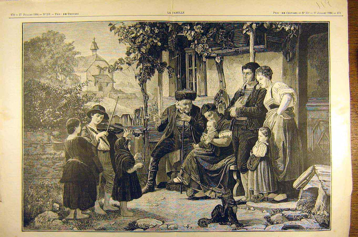 Original Old Antique Print 1884 Painting Orphelins Bonheur Famille Wagner 19th