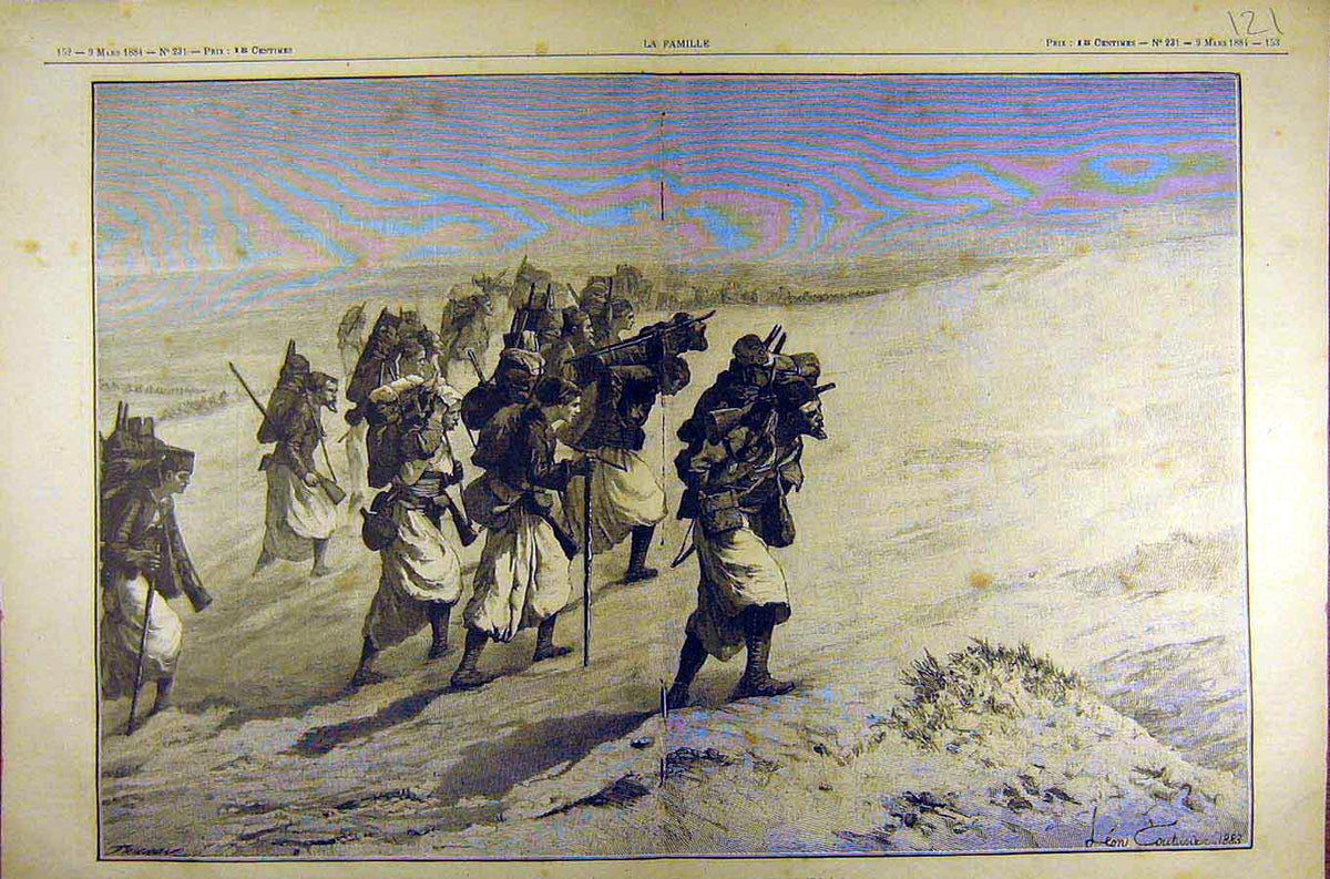 Original Old Antique Print 1884 Painting La Marche Forcee Couturier French 19th
