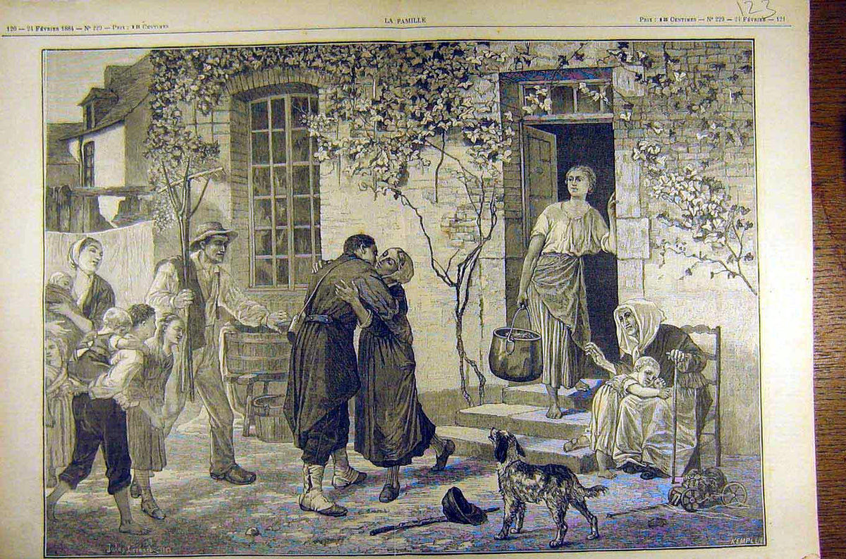 Original Old Antique Print 1884 Painting Retour Au Pays Leonard French 19th