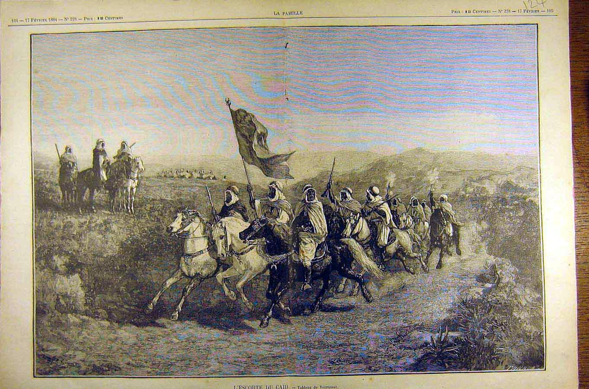 Original Old Antique Print 1884 Painting L'Escorte Du Caid Veyrassat French