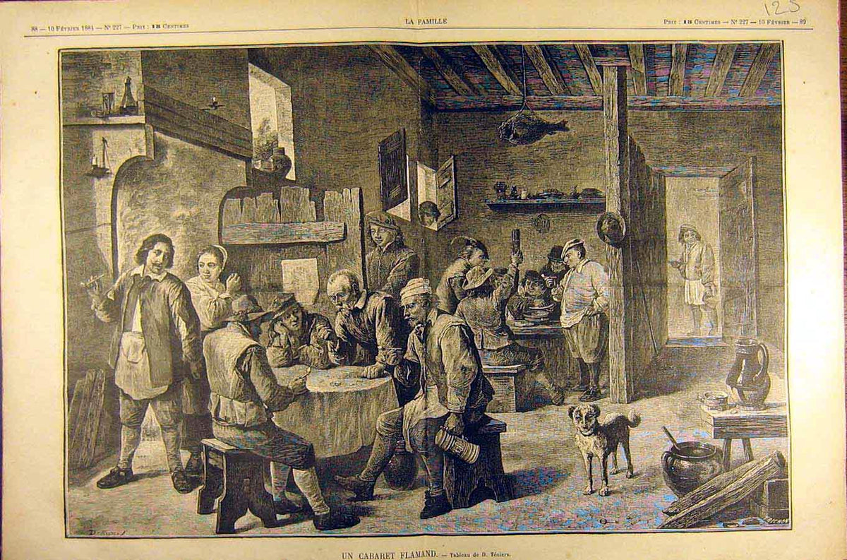 Original Old Antique Print 1884 Painting Caberet Flamand Teniers French 19th
