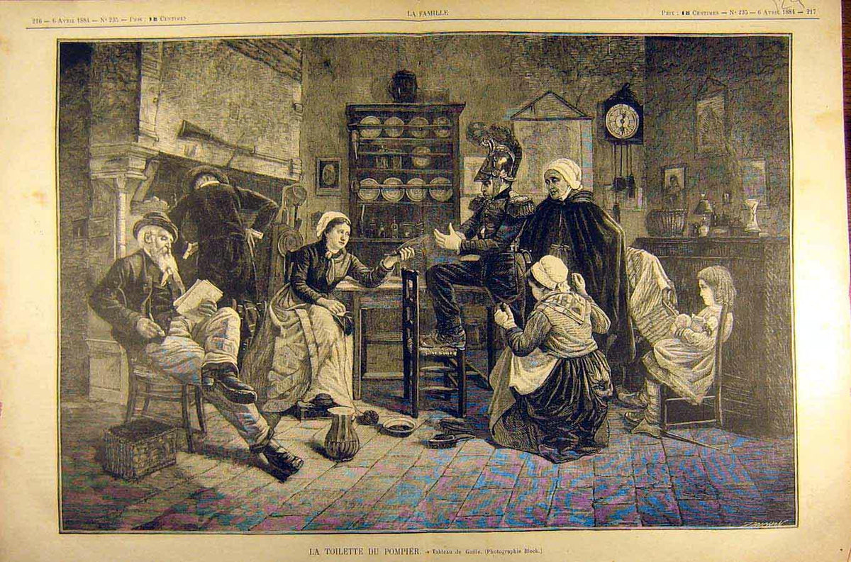 Original Old Antique Print 1884 Painting Toilette Pompier Guille French 19th