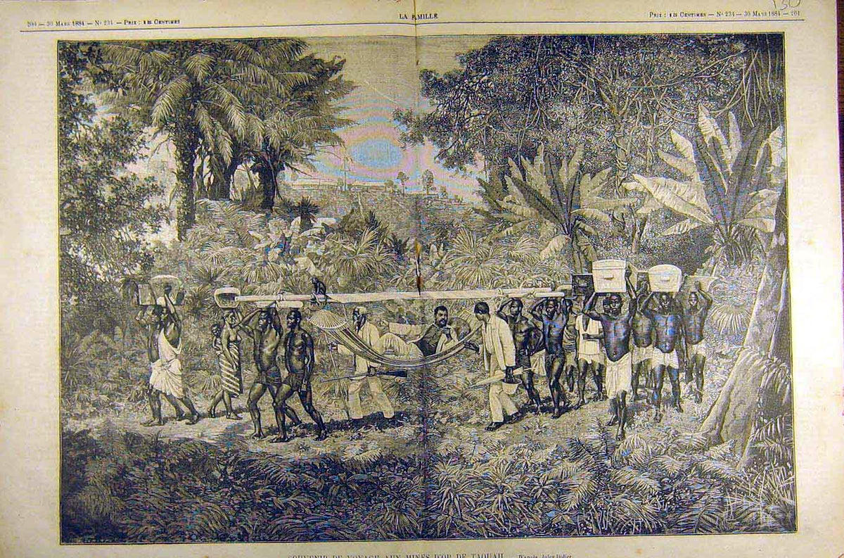 Original Old Antique Print 1884 Painting Souvenir Voyage Mine Taquah Didier