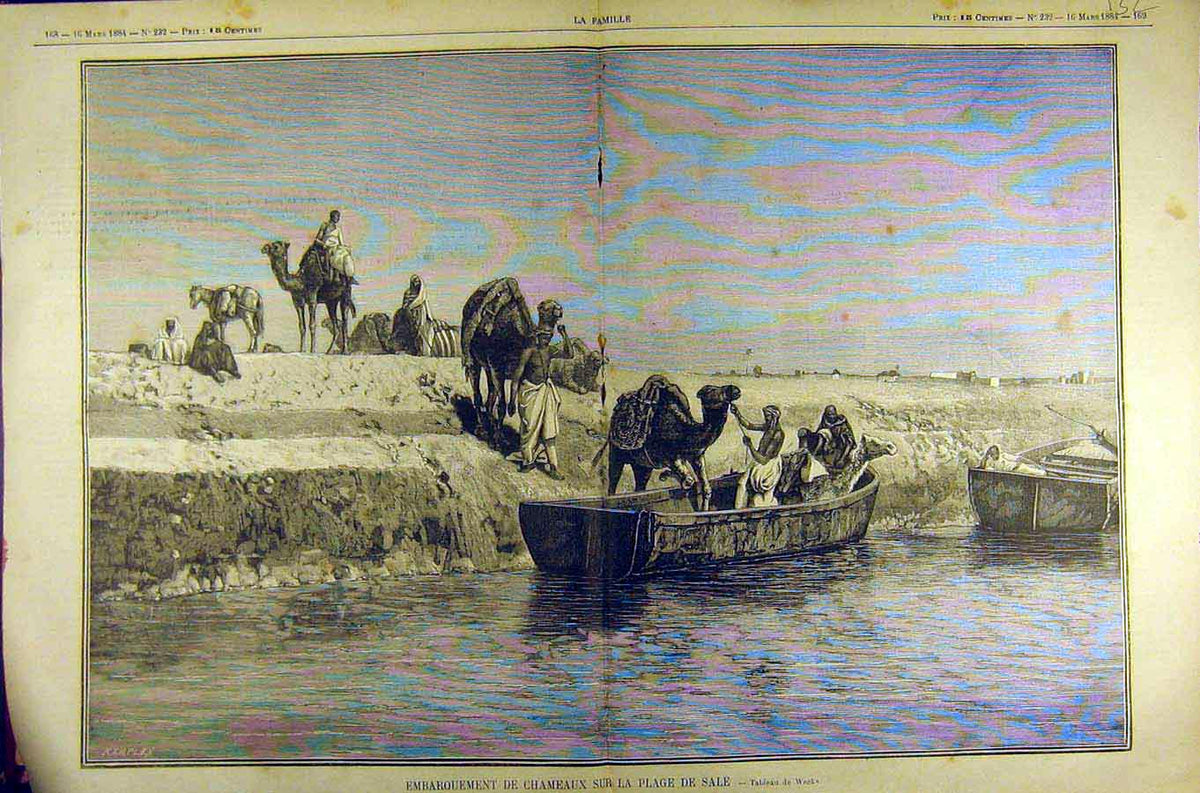 Original Old Antique Print 1884 Painting Embark Chameaux Plage Sale Weeks 19th
