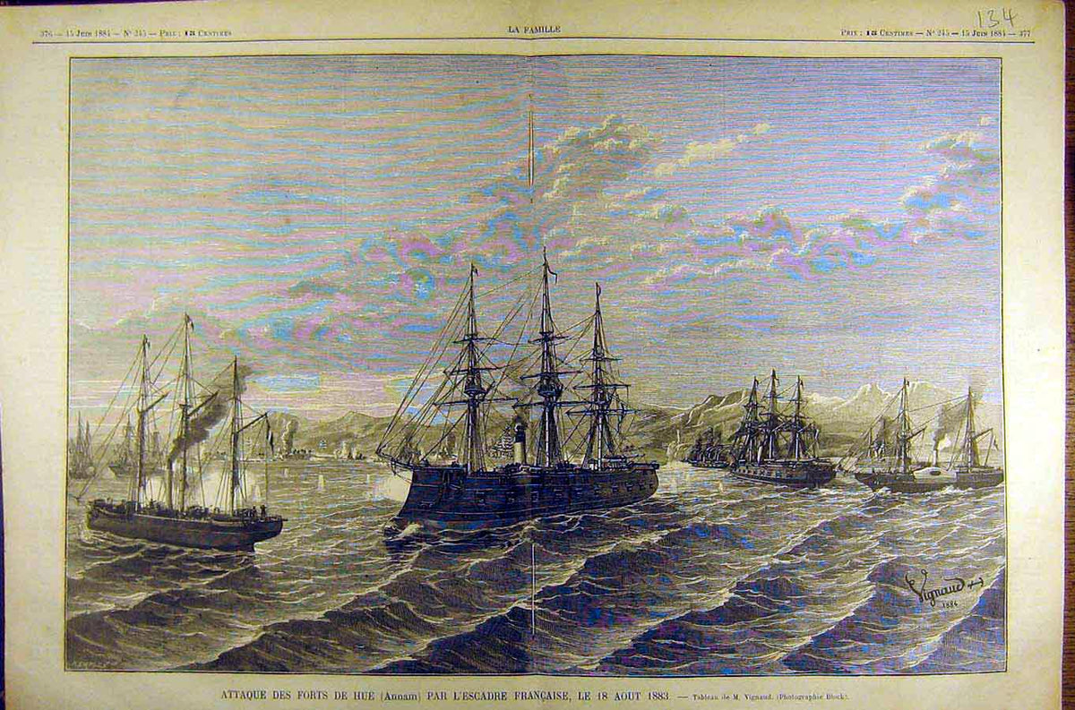 Old Antique Print 1884 Painting Fleet Attaque Fort Hue L'Escadre Francais 19th