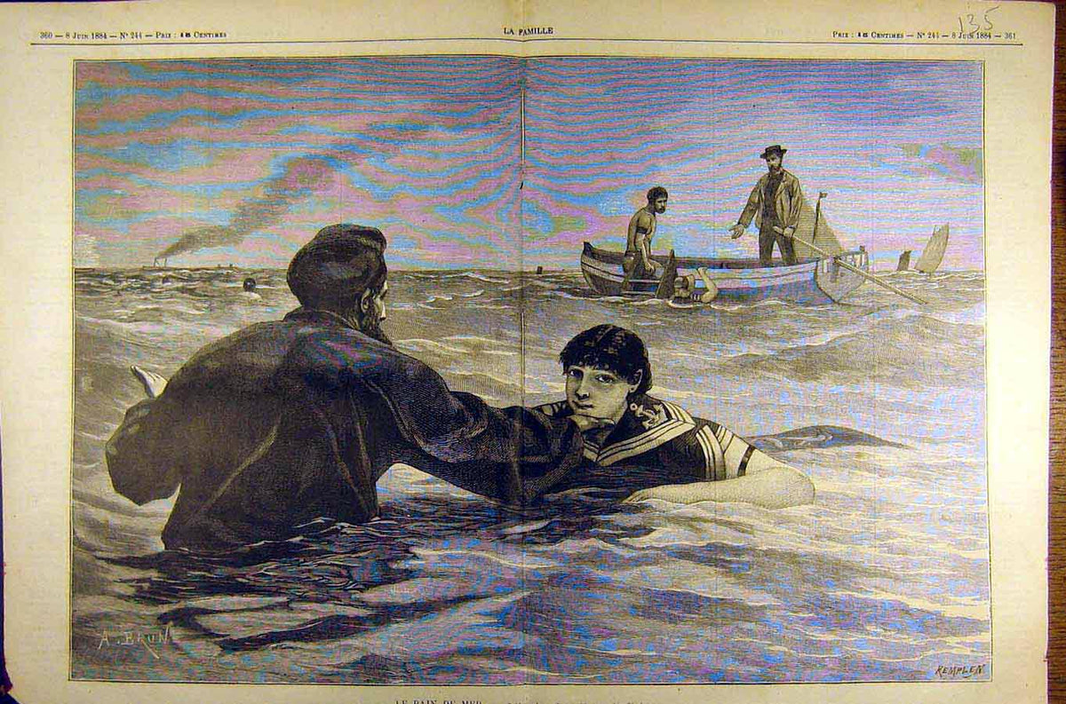 Original Old Antique Print 1884 Painting Le Bain De Mer Brun Sea Sailor 19th