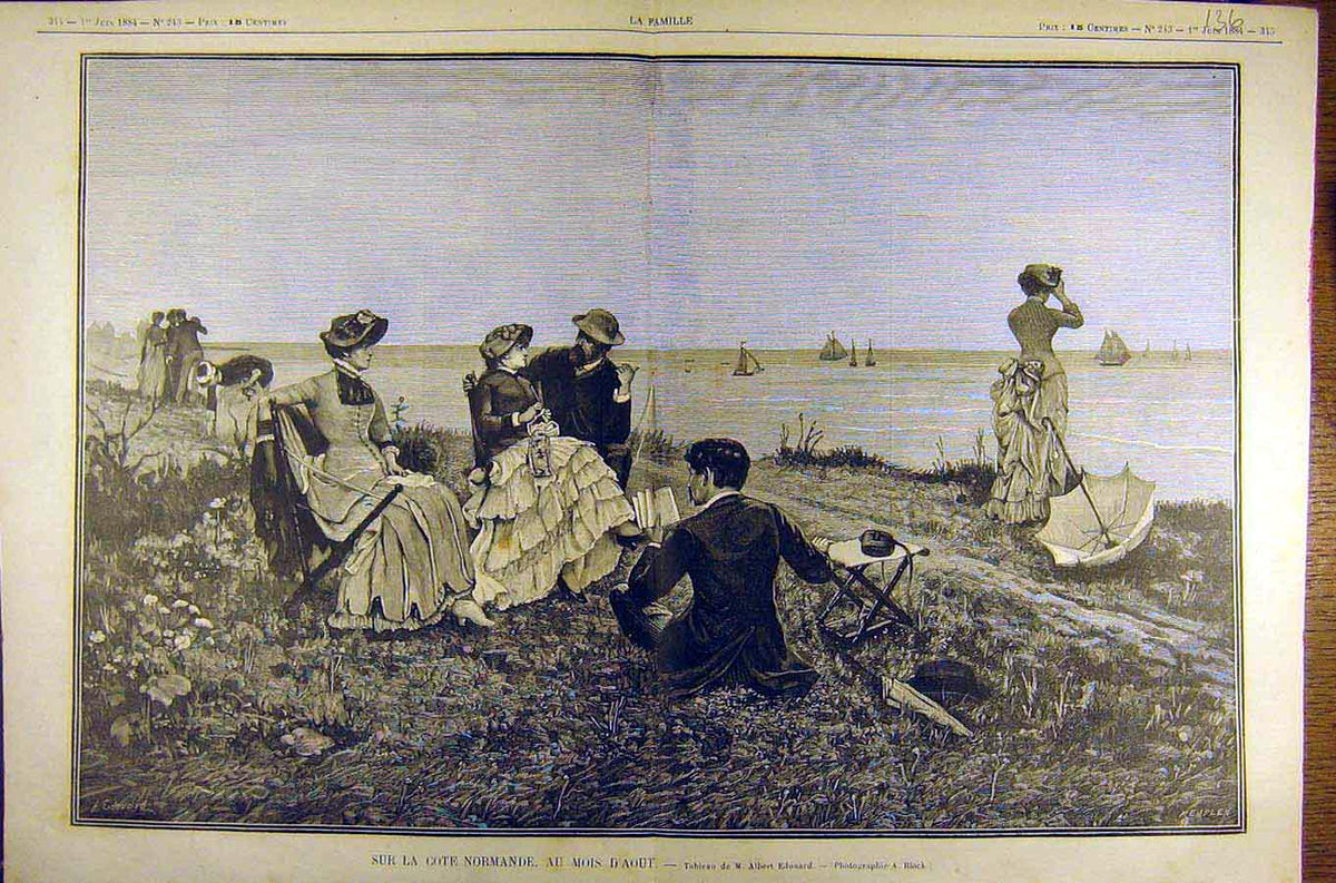 Original Old Antique Print 1884 Painting Cote Normande Mois D'Aout Edouard 19th