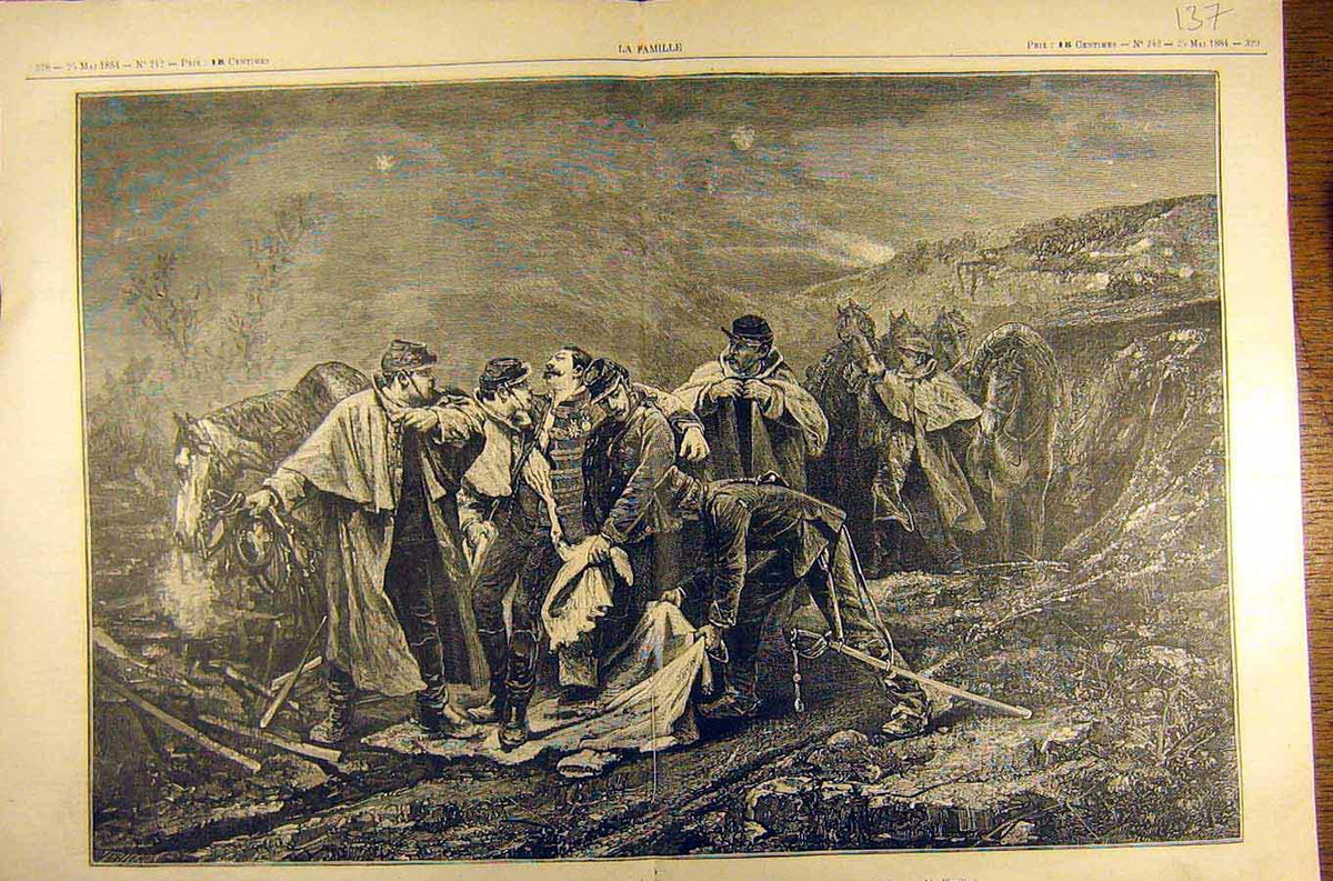 Original Old Antique Print 1884 Painting Mort Franchetti Eclaireurs Seine 19th