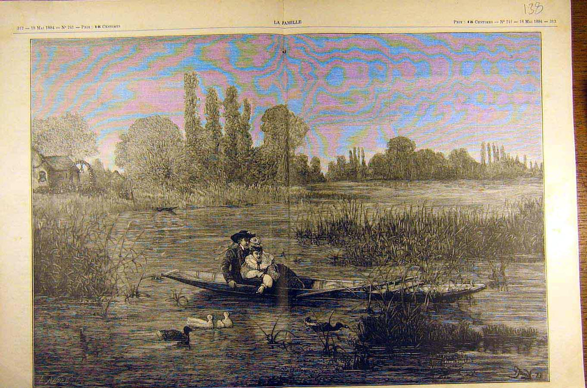 Original Old Antique Print 1884 Painting Pendant La Noce Jundt River Boat 19th