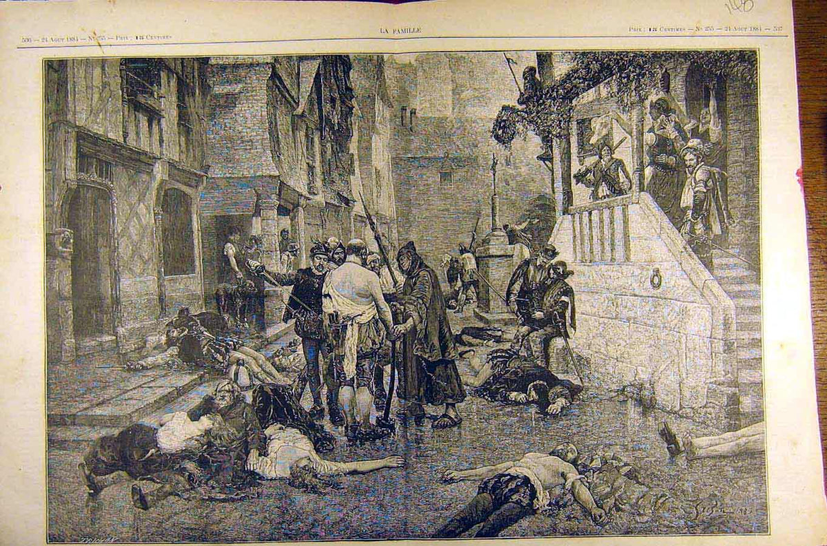 Old Antique Print 1884 Painting Saint Barthelemy Grison Massacre French 19th
