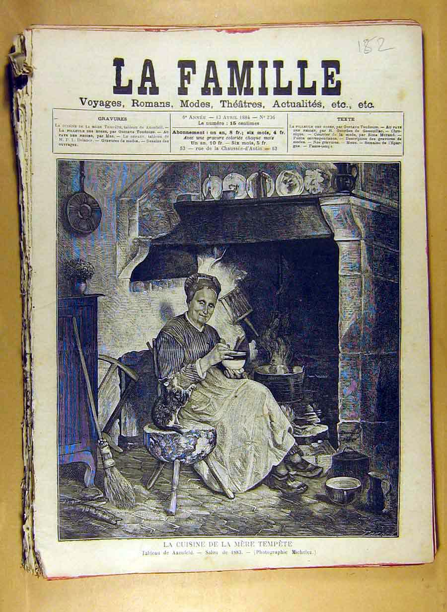Original Old Antique Print 1884 Painting Cuisine Mere Tempete Axenfeld Salon