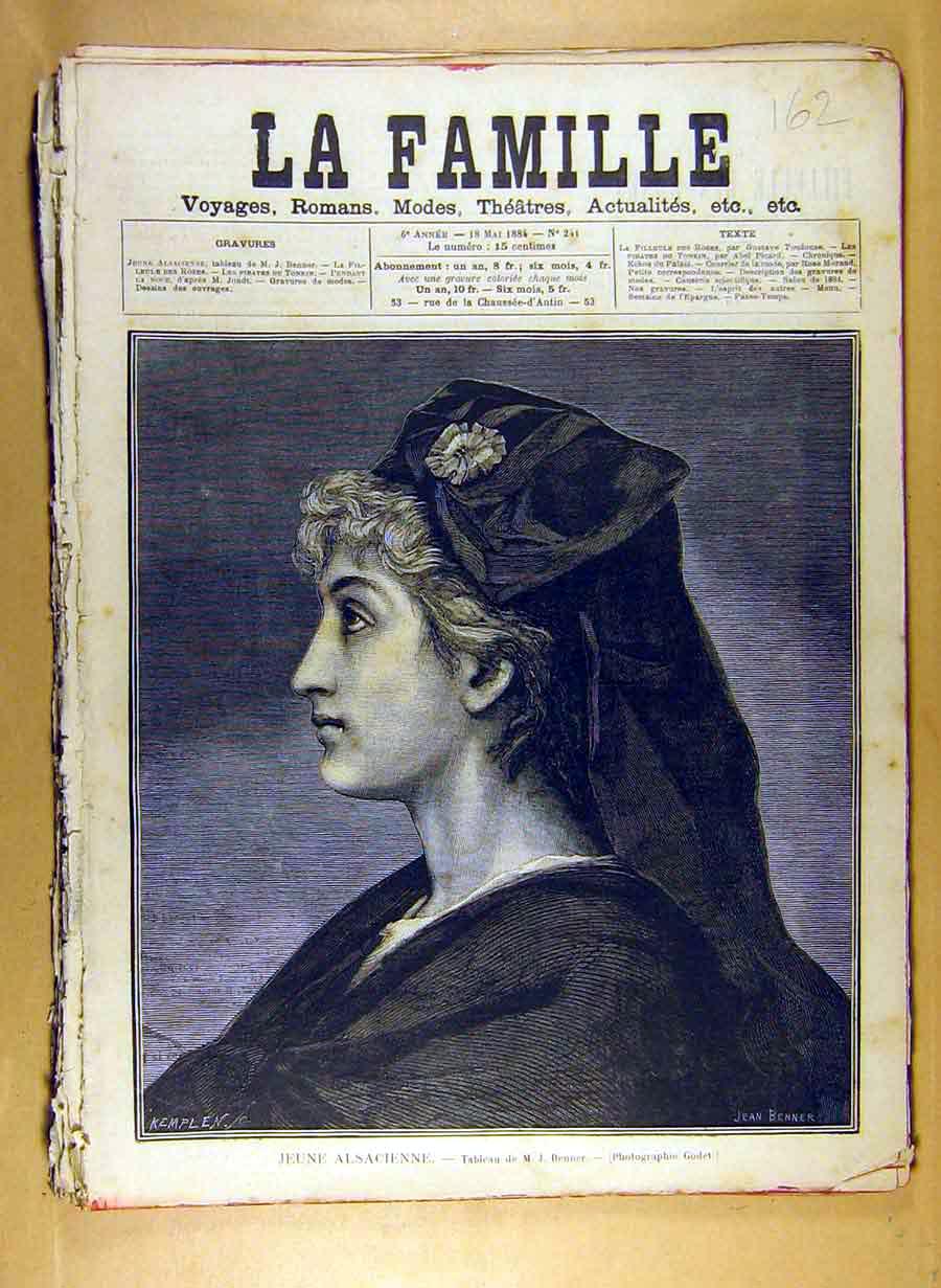 Original Old Antique Print 1884 Portrait Jeune Alsacienne Benner French Art 19th