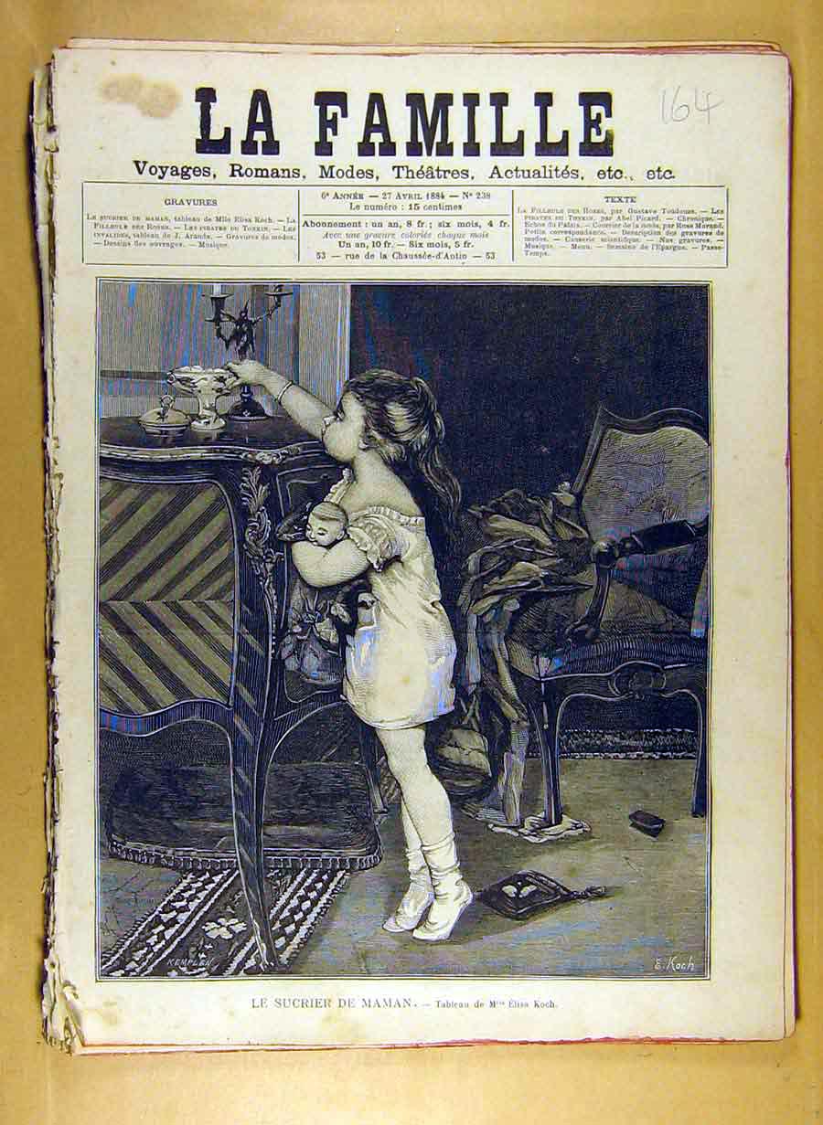 Original Old Antique Print 1884 Painting Sucrier De Maman Koch French Art 19th