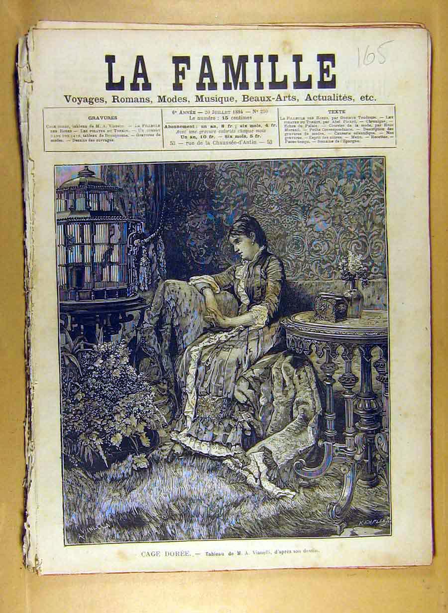 Original Old Antique Print 1884 Painting Cage Doree Vianelli French Fine Art