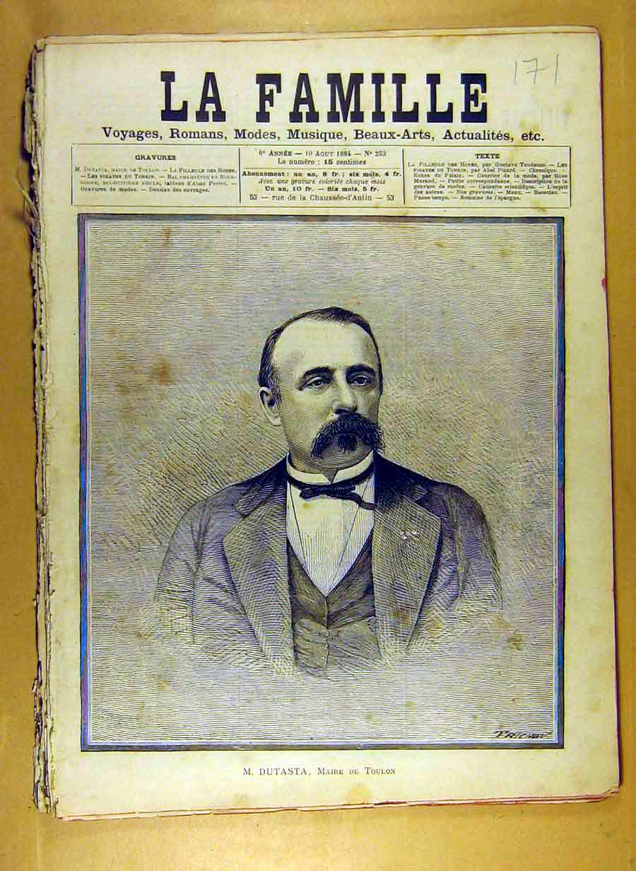 Original Old Antique Print 1884 Portrait Dutasta Maire Toulon French Victorian