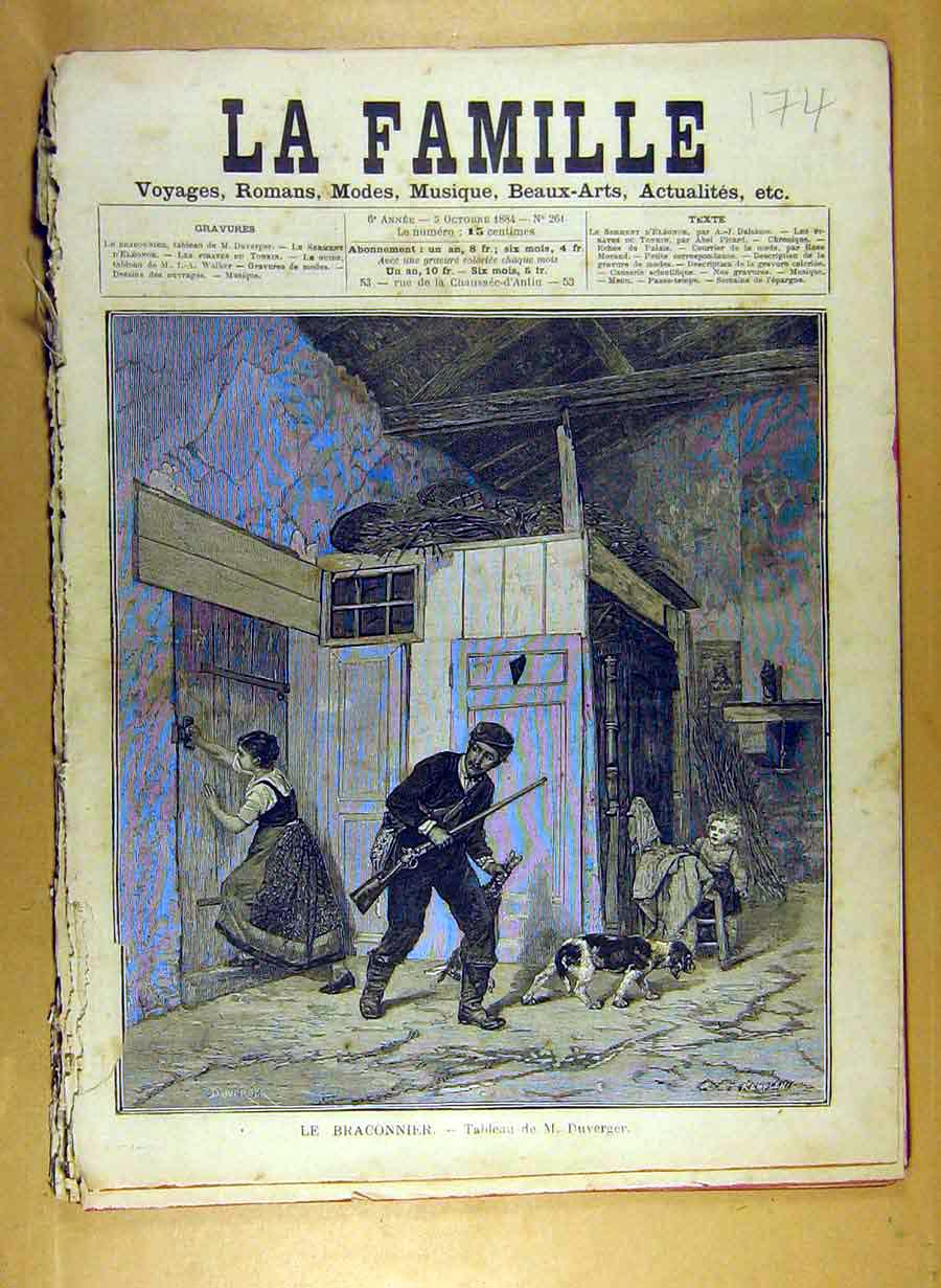 Original Old Antique Print 1884 Painting Le Braconnier Duverger French Art 19th