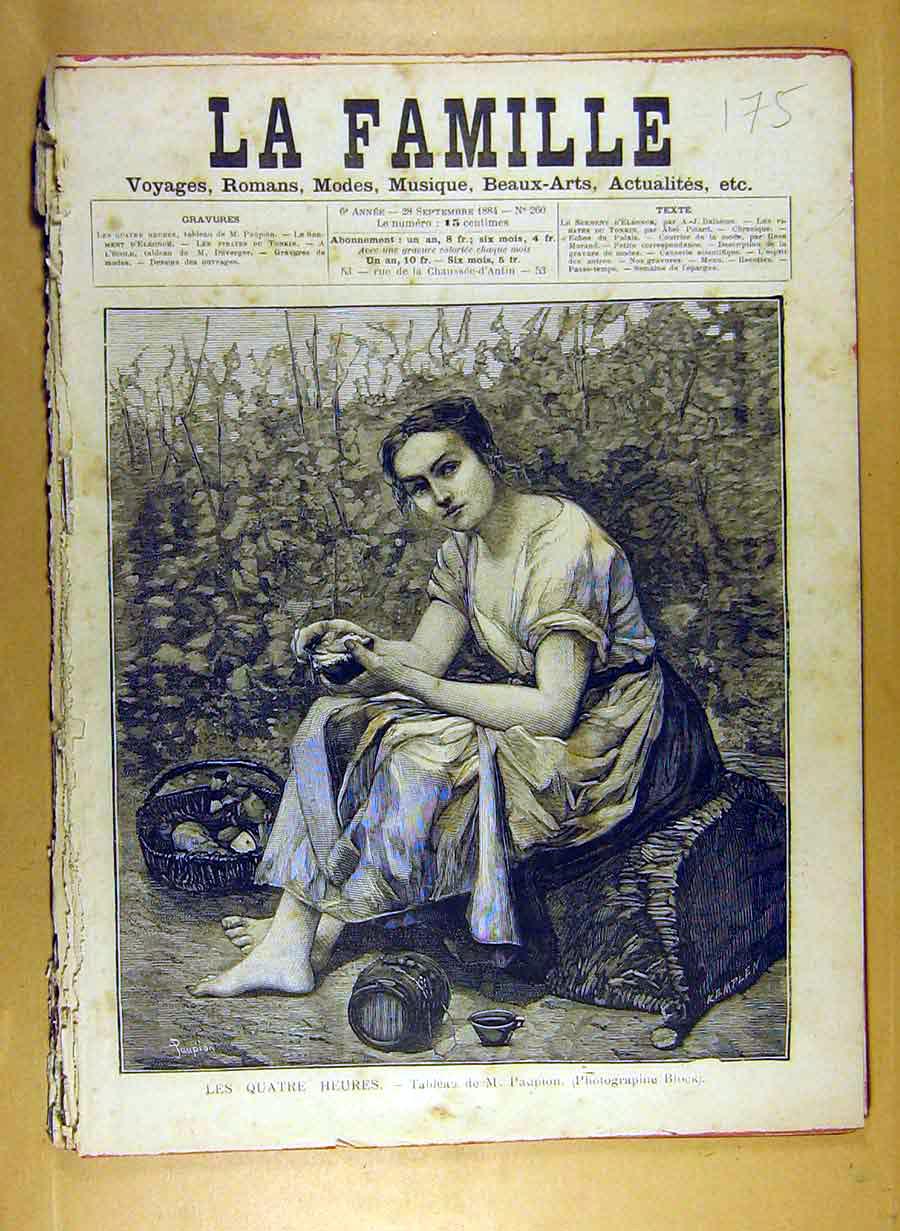 Original Old Antique Print 1884 Painting Les Quatre Heures Paupion French 19th