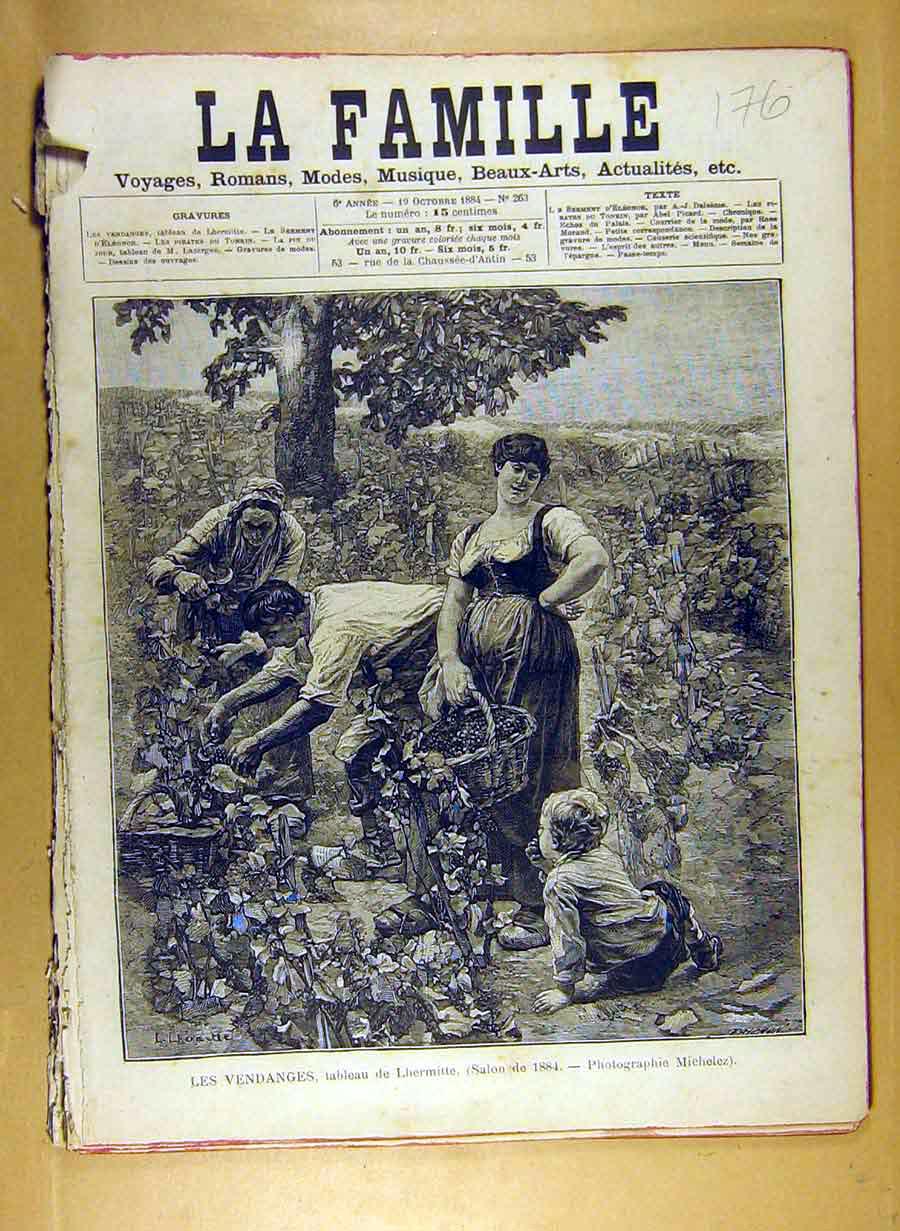 Original Old Antique Print 1884 Painting Vendanges Lhermitte Salon Fruit Picking