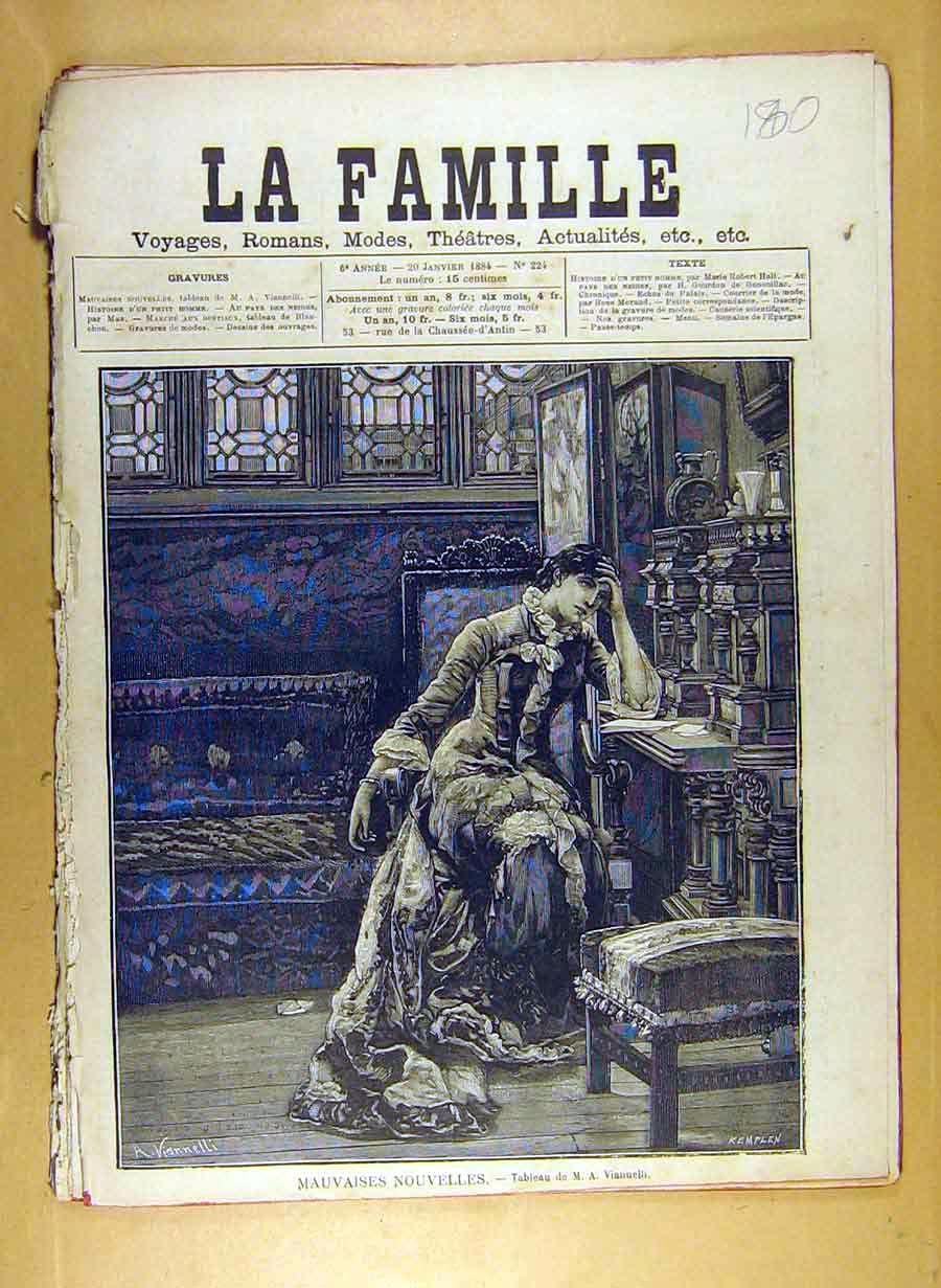 Original Old Antique Print 1884 Painting Mauvaises Nouvelles Viannelli Art 19th