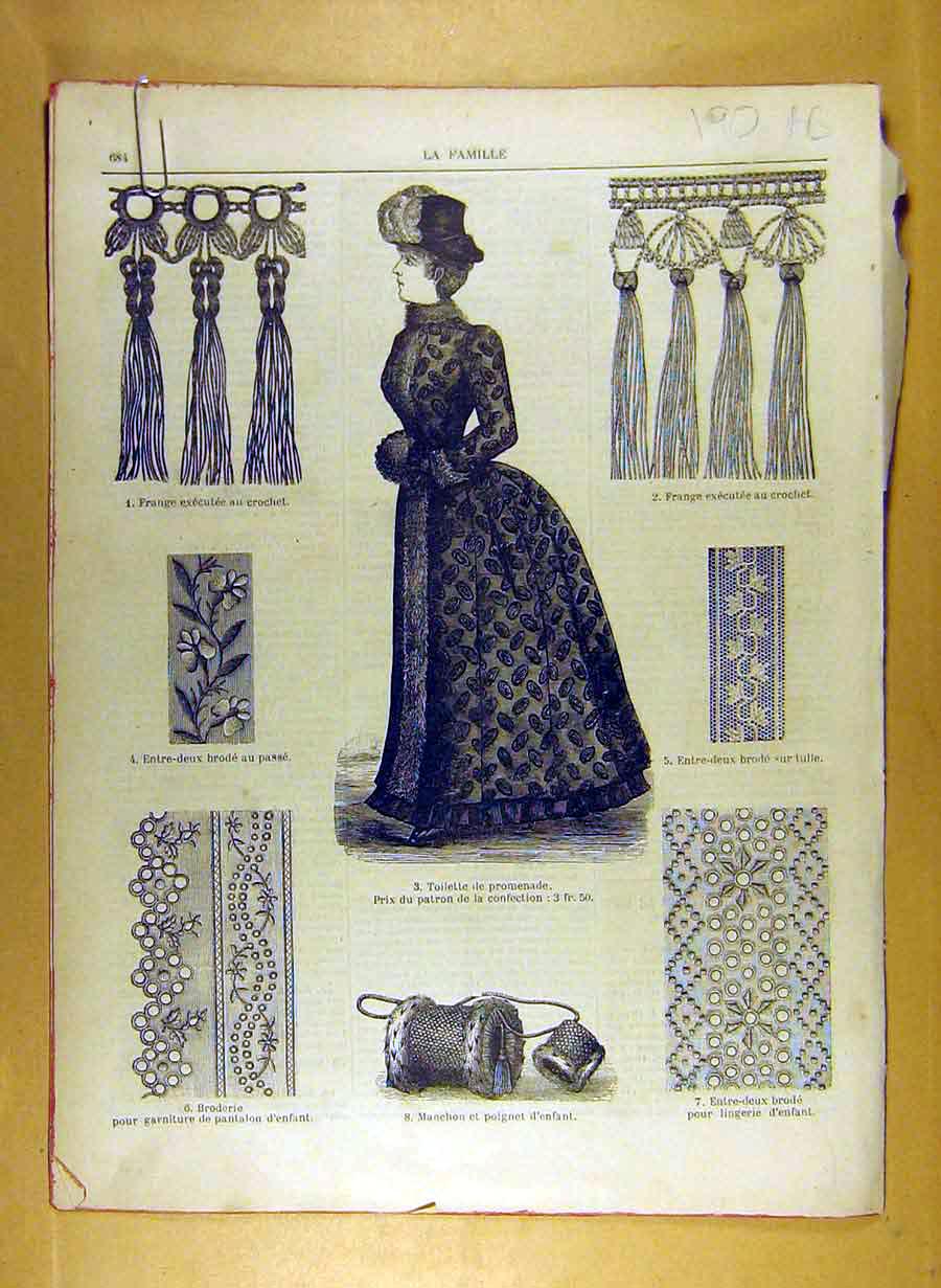 Original Old Antique Print 1884 Ladies Fashion Dress Material Corsage French